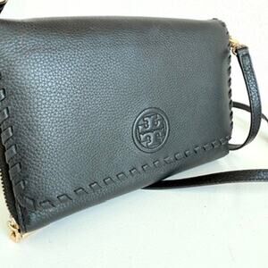 TORY BURCH Marion Flat Wallet Crossbody Bag Black Leather Gold Hardware
